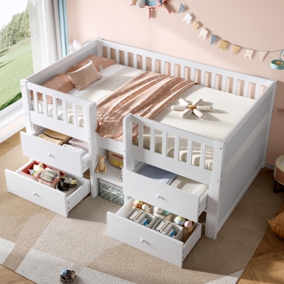 Low Loft Bed with 4 Drawers, White