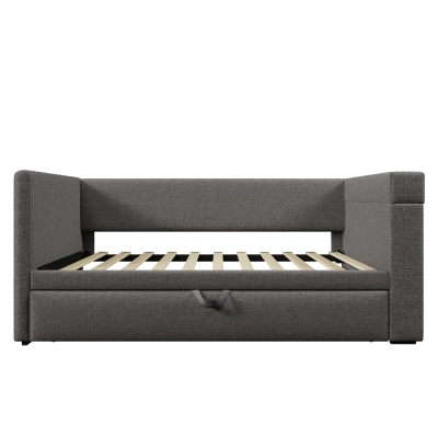Upholstered Daybed with Pull-out Trundle and Built-in Cup Holders, 207L x 98W x 74H cm, Grey