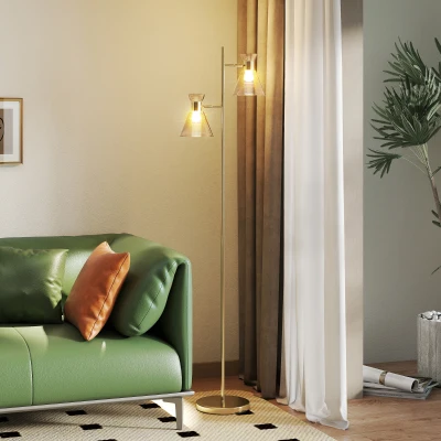 HOMCOM Lampadaire Moderne 2 Lumières Têtes Réglables Or