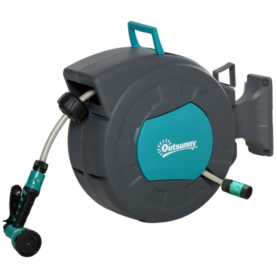 Outsunny Enrolador de Parede 180° com Recolha Automática 15 m + 1,4 m Lança de Rega Incluída Cinza Escuro e Verde