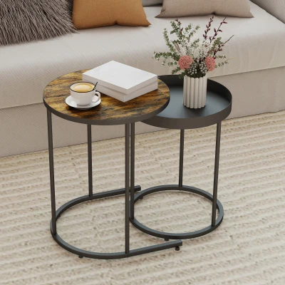 HOMCOM Round Nesting Side Tables Set of 2 Rustic Brown