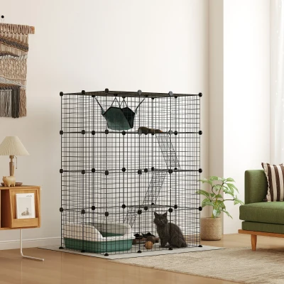 PawHut Gaiola para Gatos de Interior Parque para Gatos em Aço com 4 Níveis 49 Peças 5 Portas Rede 105x70x140 cm Preto