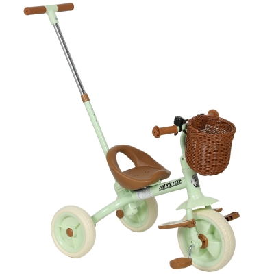 AIYAPLAY Triciclo para Bebés 2 en 1 para 2-5 Años con Barra Parental Pedales Antideslizantes, Reposapiés Plegables y Cesta Verde