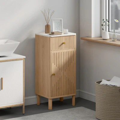 HOMCOM Móvel Auxiliar Casa de Banho Tampo Efeito Mármore Gaveta e Prateleira Ajustável 36x30x80 cm Madeira e Branco