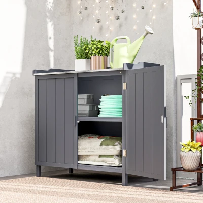 Outsunny Armário de Jardim de Madeira com Mesa de Plantação Armário de Exterior com 2 Portas com Fechadura Magnética e 2 Prateleiras para Terraço Balcão 98x48x95,5cm Cinza