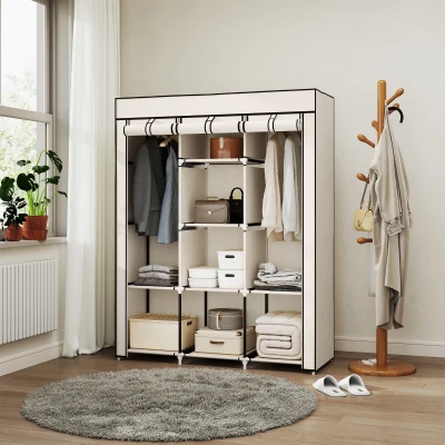 HOMCOM Roupeiro de Tecido Dobrável com 8 Prateleiras de Armazenamento e 2 Barras de Pendurar 125x43x162,5cm Creme