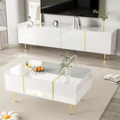 High-Gloss TV Cabinet with Gold Accents, Soft‑Close Doors, White