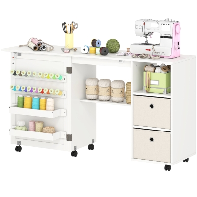 HOMCOM Table de Couture Pliante avec Rangement et Roulettes Blanc