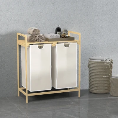 HOMCOM Wäschekorb mit 2 Waschsäcken, 1 Ablage, Bambus, 63,5 cm x 33 cm x 73 cm, Hellgrau + Natur