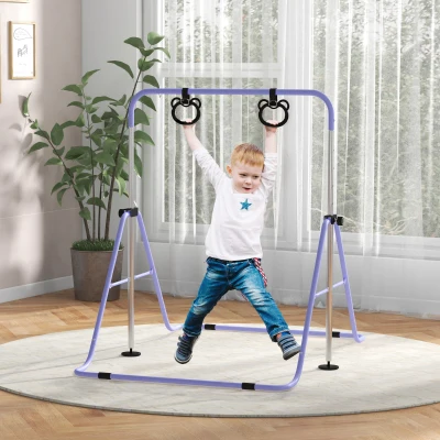 HOMCOM Barra de Ginástica Infantil Dobrável com Argolas Ajustável 88-128 cm Roxo