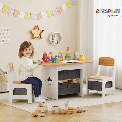 AIYAPLAY Mesa Infantil com 2 Cadeiras Mesa e Cadeiras para Crianças com 6 Gavetas de Tecido Desenho Estrelas Madeira e Branco