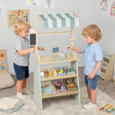 AIYAPLAY Supermarktstand für Kinder, Spielkasse, 34 Zubehörteile, Kasse, MDF, Grün