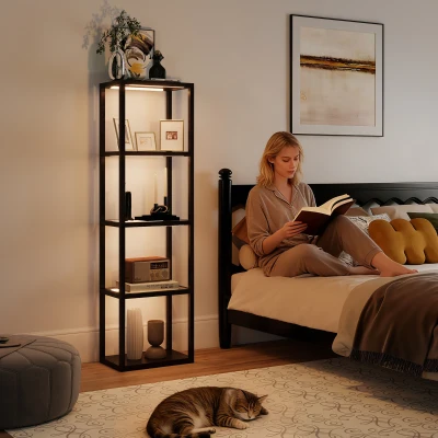 HOMCOM RGB staande lamp met glazen planken, 4‑laagse LED staande lamp met afstandsbediening, muzieksynchronisatie, zwart