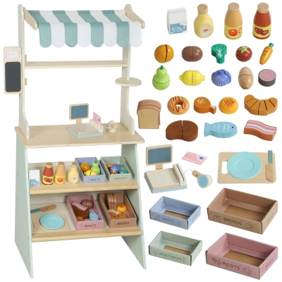 AIYAPLAY Supermarktstand für Kinder, Spielkasse, 34 Zubehörteile, Kasse, MDF, Grün