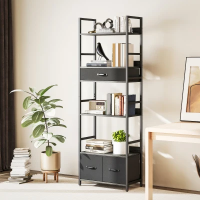 HOMCOM Industrial 6-Tier Bookshelf with Drawers - Grey