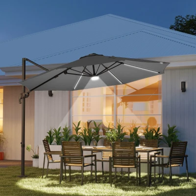 Outsunny 3m LED Cantilever Parasol Dark Grey with Base
