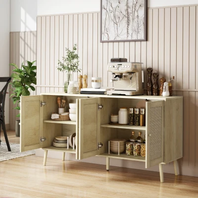 Aparador HOMCOM 140 x 40 x 75 cm — puertas cannage y estante regulable, acabado madera natural