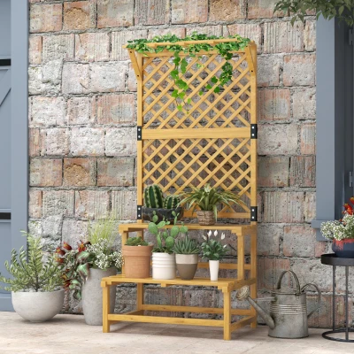 Outsunny 2-Tier Pine Plant Stand with Trellis & Roof — Outdoor Flower Shelf, 75 x 50 x 166 cm, Yellow