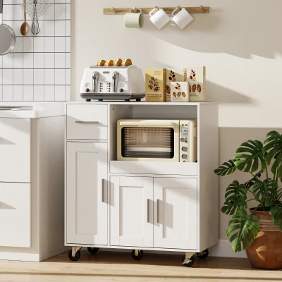 HOMCOM Mueble Auxiliar de Cocina con Ruedas Aparador de Cocina para Microondas con Bandeja Deslizante 80x40x88,7 cm Blanco