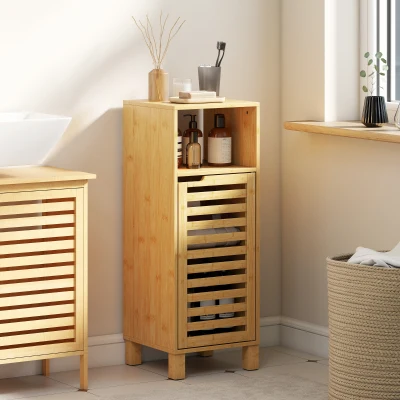 HOMCOM Mueble Auxiliar de Baño Estrecho con Puerta de Lamas Balda Abierto Estante Ajustable 60x30x108 cm Natural