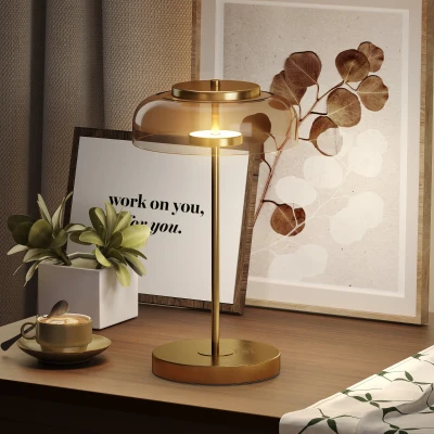 HOMCOM Tischlampe Tischleuchte mit warmem LED-Licht, Metallsockel, bernsteinfarbenem Glasschirm, Ø23 x 40H cm, Gold