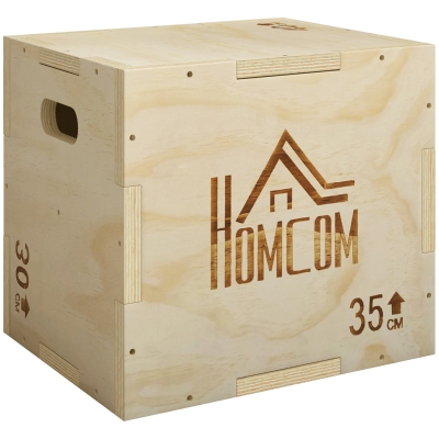 HOMCOM Cajón Pliométrico de Madera 3 en 1 con 2 Mango Hueco para Casa Oficina Gimnasia 40,5x35,5x30,5 cm Madera Natural