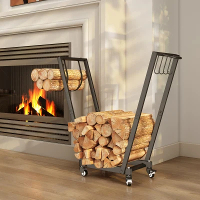 Outsunny Porte-Bûches Métal Noir avec Roues 79x30x81cm