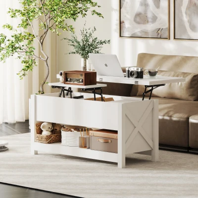 HOMCOM Mesa de Centro Elevable y Extensible con Compartimentos Ocultos Estante Abierto 100x90x64 cm Blanco