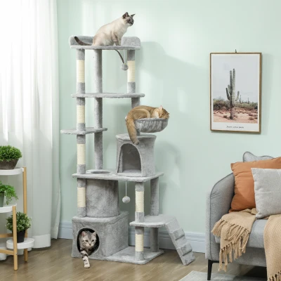 PawHut Árbol Rascador para Gatos Grande Altura 170 cm con 7 Postes 1 Túnel 3 Plataformas 2 Cuevas 1 Hamaca Gris Claro