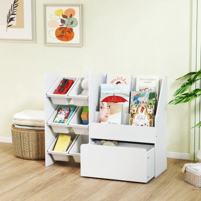 AIYAPLAY Estante Infantil para Brinquedos com 6 Caixas Removíveis 3 Prateleiras Abertas e Gaveta Inferior com Rodas 100x30x80 cm Branco