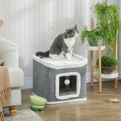 PawHut 2-Level Cat House with Bed & Toys Grey