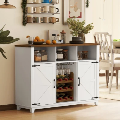 HOMCOM Aparador de Cocina Rústico con Estantes Ajustables y Botellero Mueble Auxiliar para Comedor, Salón 120x37x88 cm Blanco