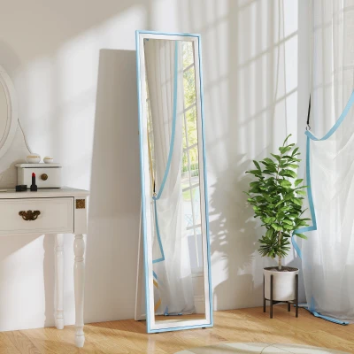 HOMCOM Espejo de Pie Cuerpo Entero con Marco de MDF Espejo de Pared Rectangular con 2 Formas de Uso 37x4x157 cm Blanco y Azul