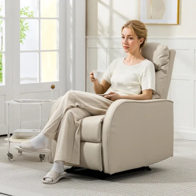 HOMCOM Poltrona Relax Reclinável Manual Revestida em PU com Apoio de Pés Retrátil Poltrona Reclinável até 160º  65x89x100 cm Creme