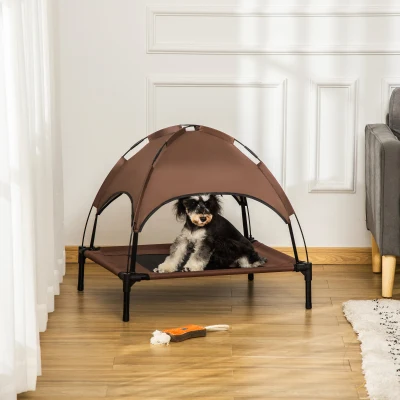 PawHut Pat înălțat pentru câini cu baldachin, pat pentru animale de companie, pat pentru câini de exterior cu acoperiș, respirabil, material textil pentru camping Cafea 76 x 61 x 73 cm