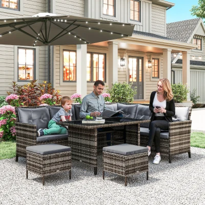 Outsunny Set mobilier grădină din ratan PE, pentru 5 persoane, perne detașabile, Gri, Maro