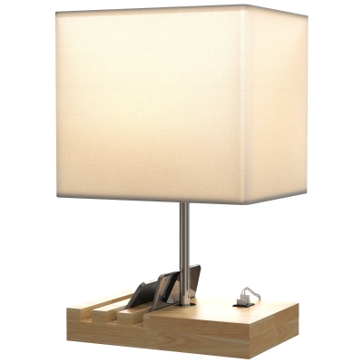HOMCOM Lampe Table Bois USB Ports Abat-jour Tissu Blanc