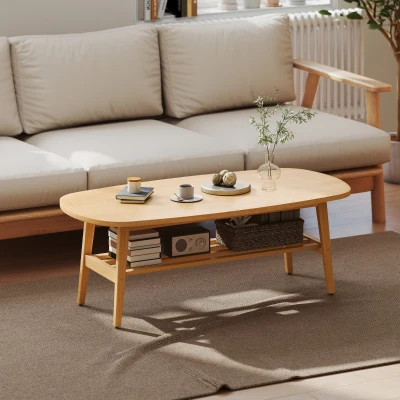 HOMCOM Mesa de Centro de 2 Níveis Moderna com Prateleira Aberta Inferior e Pernas de Madeira de Borracha 120x60x42 cm Madeira