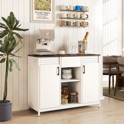 HOMCOM Aparador para Salón con 2 Puertas con Orificios Cajón Compartimentos Abiertos Estantes Ajustables 100x40x80 cm Blanco