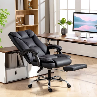 HOMCOM Silla de Oficina Reclinable a 155° con Reposapiés, Doble Acolchado y Revestimiento en Piel Sintética, Negro