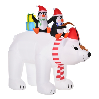 HOMCOM Urs polar gonflabil de Crăciun cu lumini LED 206cm Decorațiune gonflabilă de Crăciun impermeabilă cu 2 pinguini