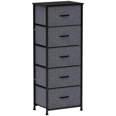 HOMCOM Comodă 5 sertare mobilier de depozitare sertar din material pliabil - structură din oțel negru - 45 x 30 x 116 cm gri închis