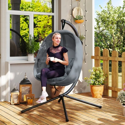 Outsunny Hanging Egg Chair Grey with Cushion & Stand