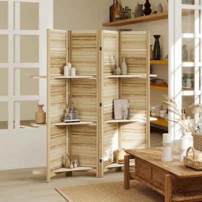 HOMCOM Paravan interior din lemn 4 panouri 160 x 170 cm, separator de cameră pliabil cu 3 rafturi, lemn natural