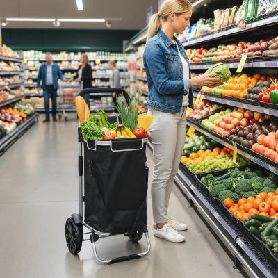 HOMCOM Cărucior de cumpărături pliabil 40 L caddie portabil pe roți cu mâner telescopic, 45,5x35,5x97cm, negru