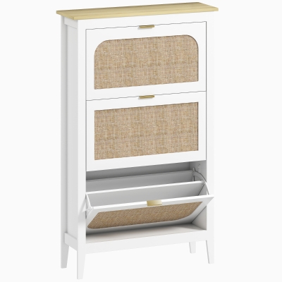HOMCOM Dulap pentru încălțăminte 21 perechi boem cu 3 sertare rabatabile, uși cu efect cannage ratan, 80 x 24 x 131 cm, alb