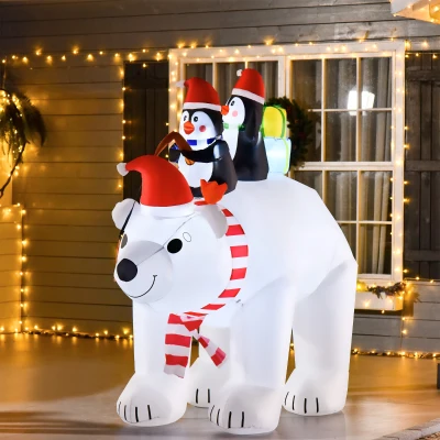 HOMCOM Urs polar gonflabil de Crăciun cu lumini LED 206cm Decorațiune gonflabilă de Crăciun impermeabilă cu 2 pinguini
