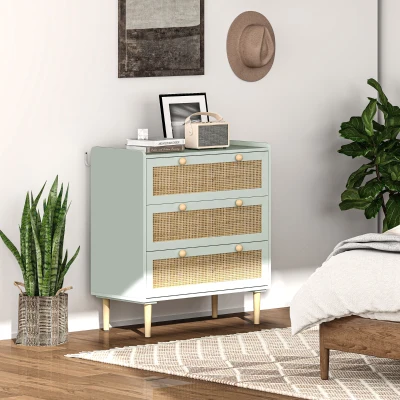 HOMCOM Comodă design boho din ratan cu 3 sertare, mobilier de depozitare pentru living, hol, intrare, verde măsliniu