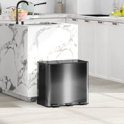 HOMCOM Coș de gunoi pentru bucătărie 45L cu 3 compartimente de 15L, capac, coșuri interioare detașabile, 3 x 15L, negru