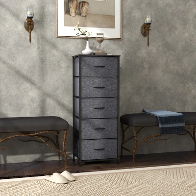 HOMCOM Comodă 5 sertare mobilier de depozitare sertar din material pliabil - structură din oțel negru - 45 x 30 x 116 cm gri închis